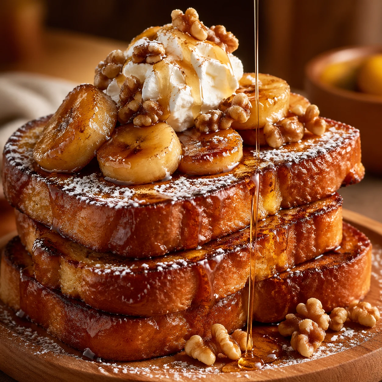 Intimate shot of fluffy French toast stack: thick brioche slices soaked in cinnamon batter, powdered sugar snowfall, caramelized bananas, whipped crea — GPT Image 2