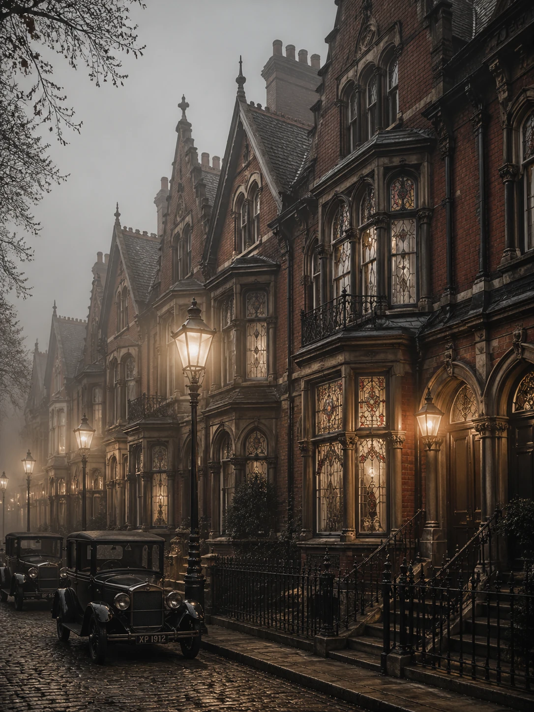 Row of ornate Victorian townhouses in a foggy London morning, intricate brickwork, bay windows with stained glass, wrought-iron railings and steep gab — GPT Image 2
