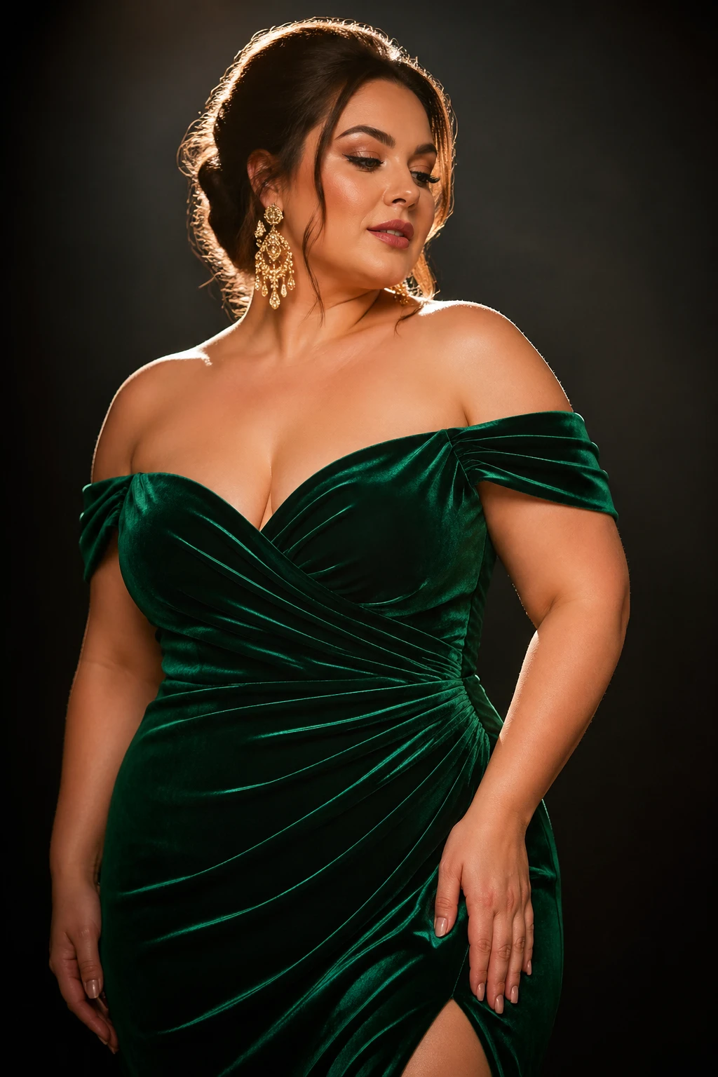 Elegant close-up try-on visual of a plus-size model wearing a velvet emerald green evening gown with off-shoulder neckline and subtle pleats, accessor — GPT Image 2