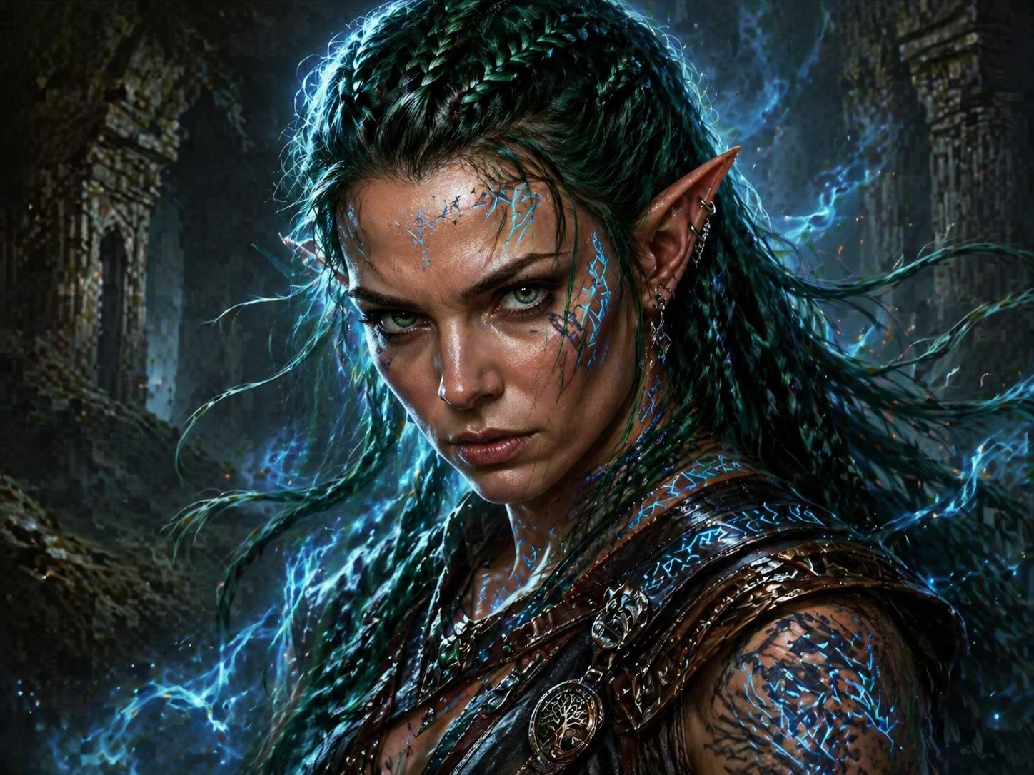 Style as epic fantasy character portrait, add intricate glowing runes on skin and armor, ethereal blue magical aura, wind-swept hair effects, high fan — GPT Image 2