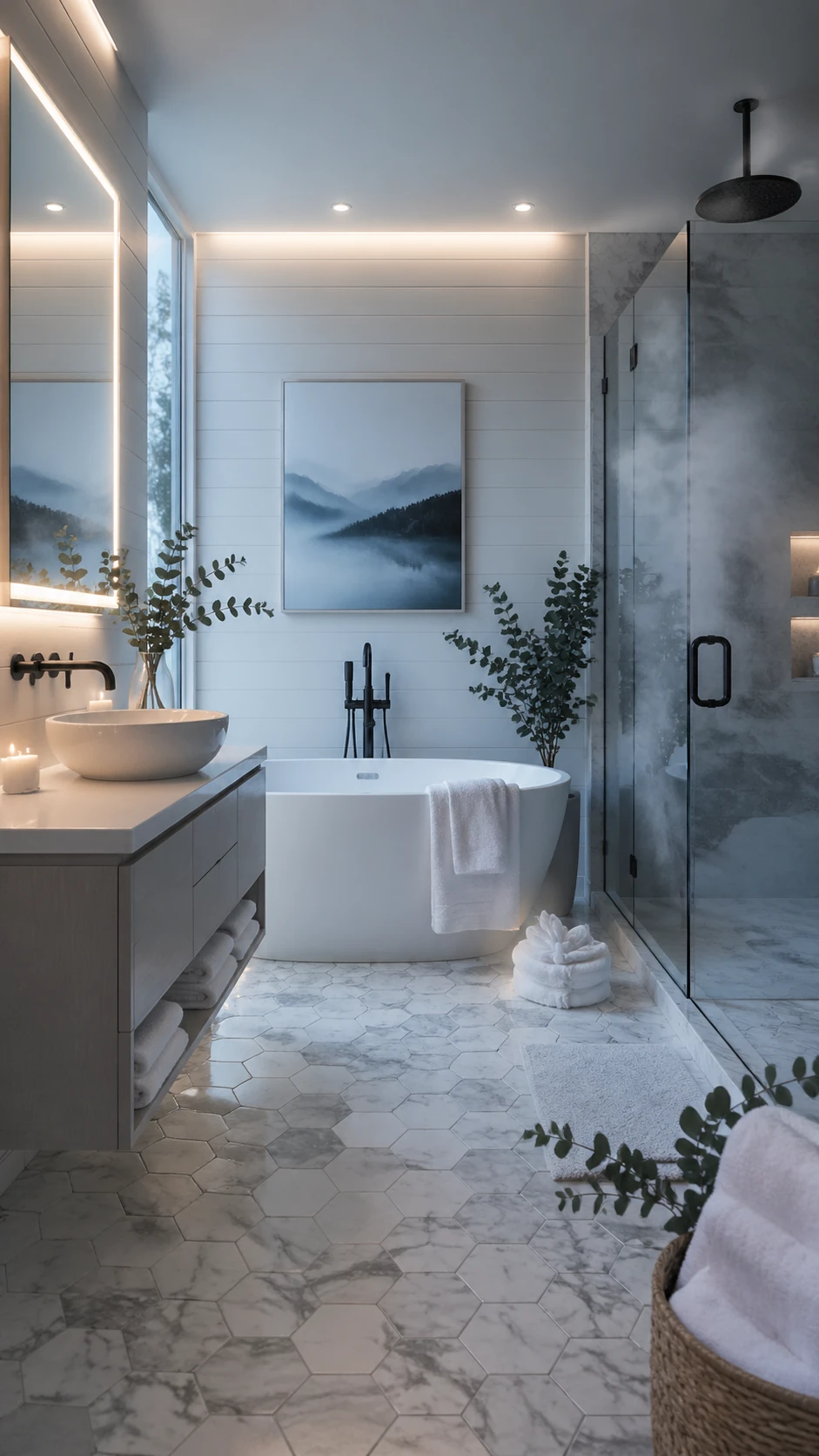 Serene spa-like bathroom in contemporary style, freestanding oval bathtub against a shiplap wall, floating vanity with vessel sink and matte black fau — GPT Image 2