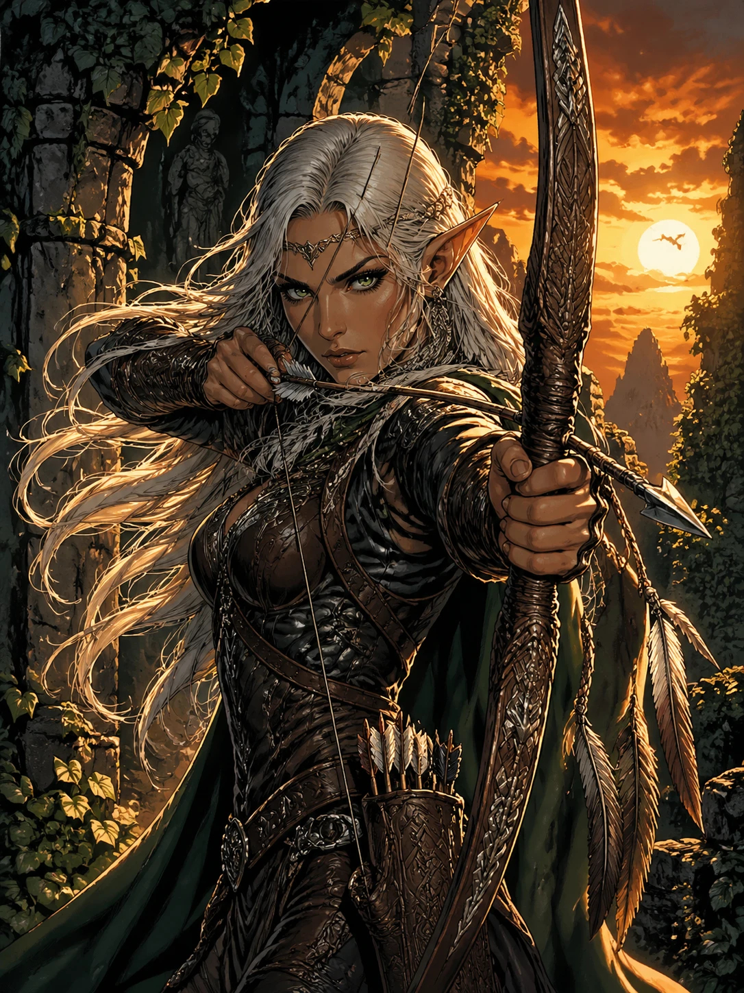 Bold heroic fantasy portrait illustration of an elven archer woman with flowing silver hair, emerald eyes piercing through shadows, ornate bow drawn a — GPT Image 2