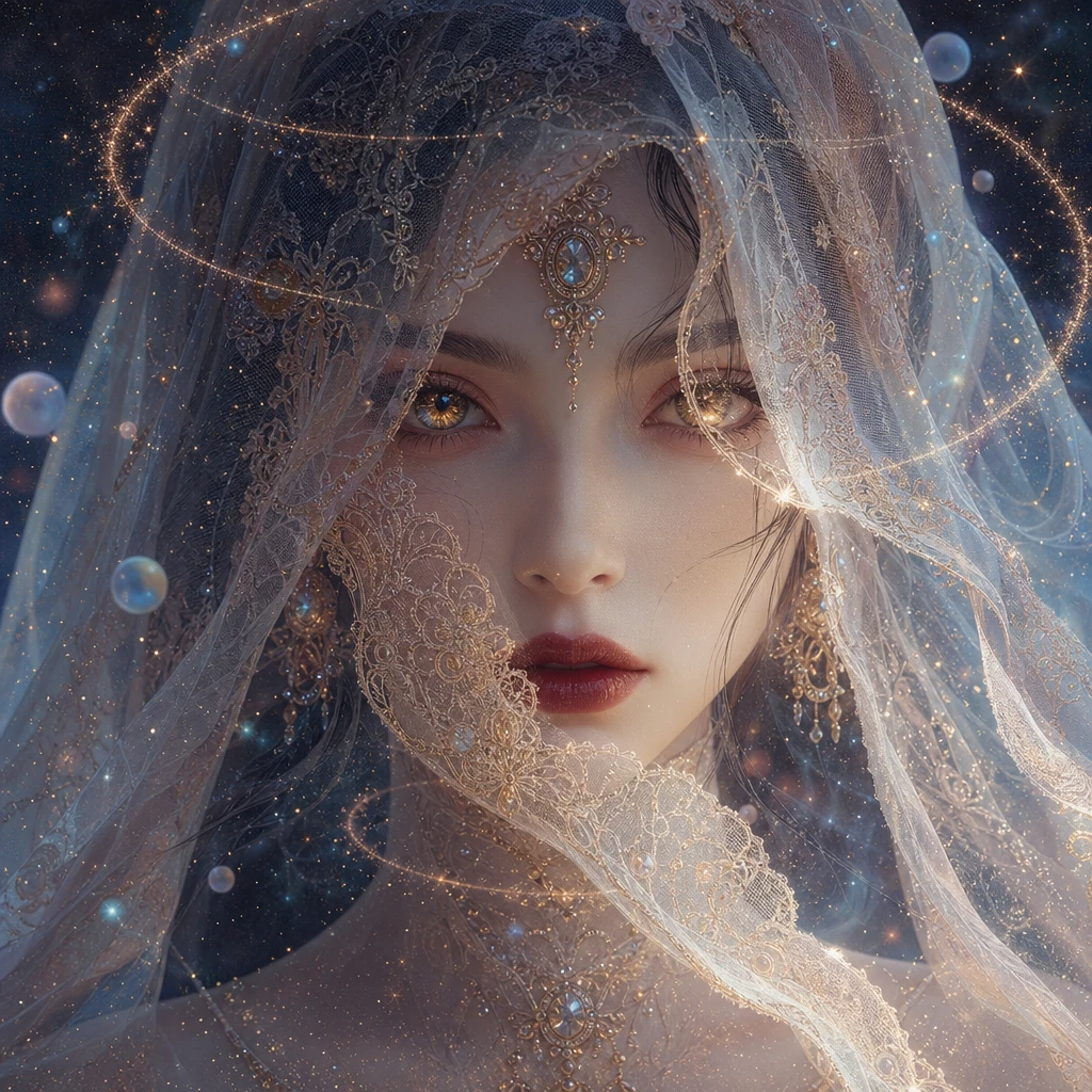 Ethereal AI-stylized portrait of a mysterious veiled woman in her 20s, translucent fabric draping face revealing porcelain skin and ruby red lips, gol — GPT Image 2