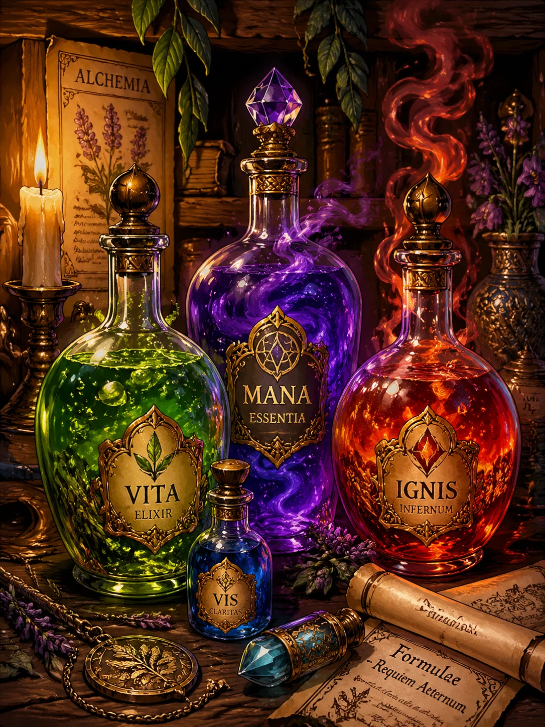 Whimsical RPG asset: cluster of colorful alchemy potions in glass vials on a wooden apothecary shelf, bubbling green healing elixir, swirling purple m — GPT Image 2
