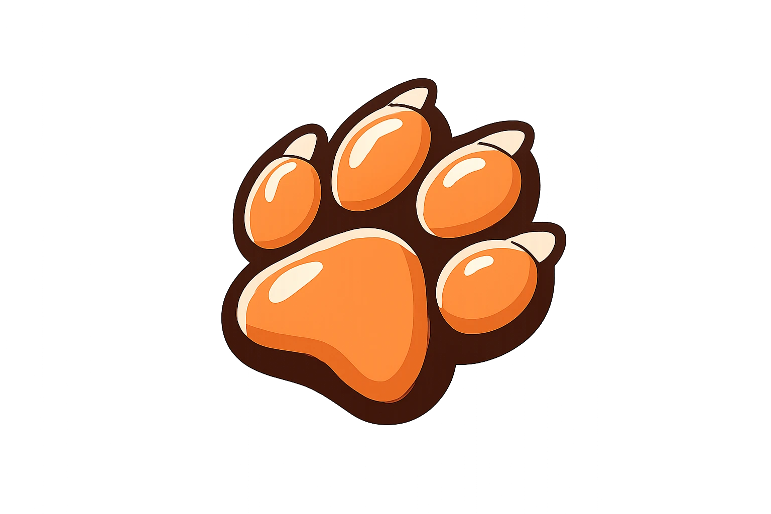 Stylized paw print logo for a pet care app, featuring four bold paw pads and claws in warm terracotta orange with white highlights. Pure vector flat s — GPT Image 2