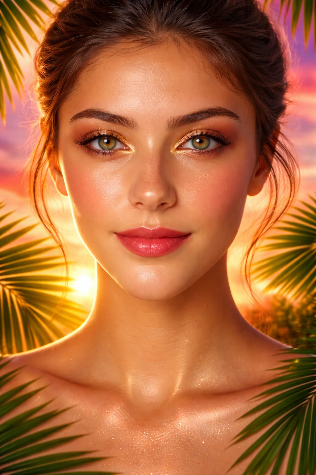 Apply glowing golden-hour makeup with shimmering eyeshadow, bold rosy lips, and dewy highlighter, add tropical palm leaves framing face, vibrant sunse — GPT Image 2