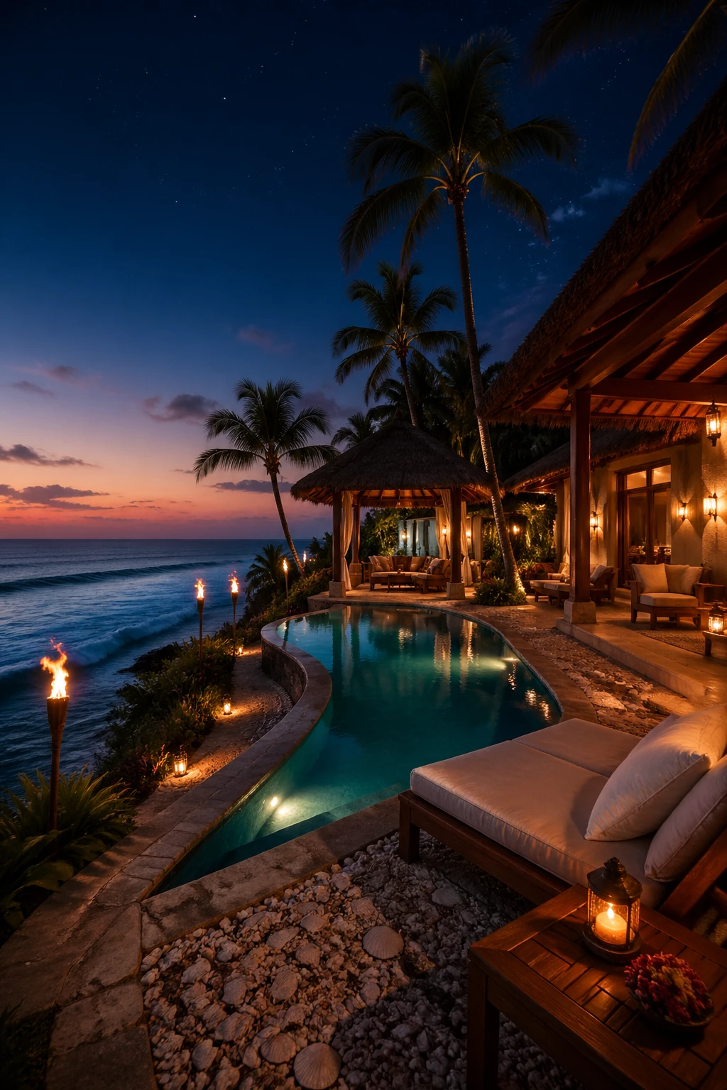 Luxurious beachfront resort villa at twilight, tropical palm-fringed infinity pool overlooking turquoise ocean, open-air wooden pavilions with thatche — GPT Image 2