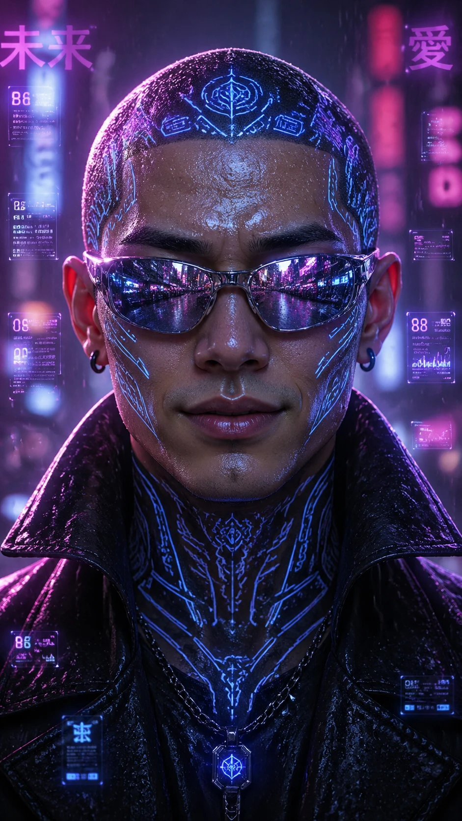 Futuristic cyberpunk portrait of a young Asian man with neon-implanted tattoos glowing in electric blue across his shaved head and neck, mirrored chro — GPT Image 2