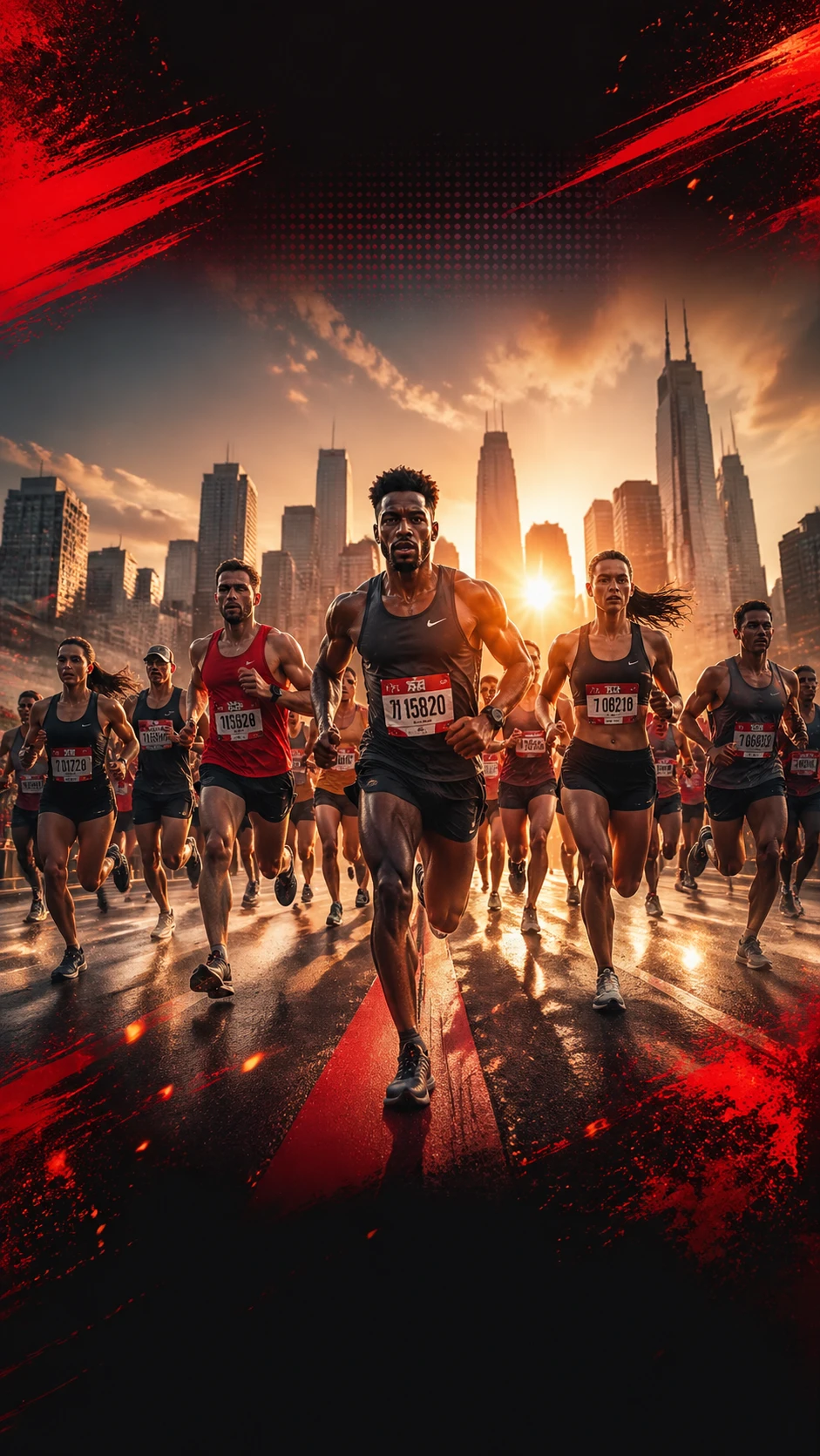 High-energy fitness marathon poster with a diverse group of runners sprinting through urban streets at dawn, sweat-glistened muscles, city skyline bac — GPT Image 2