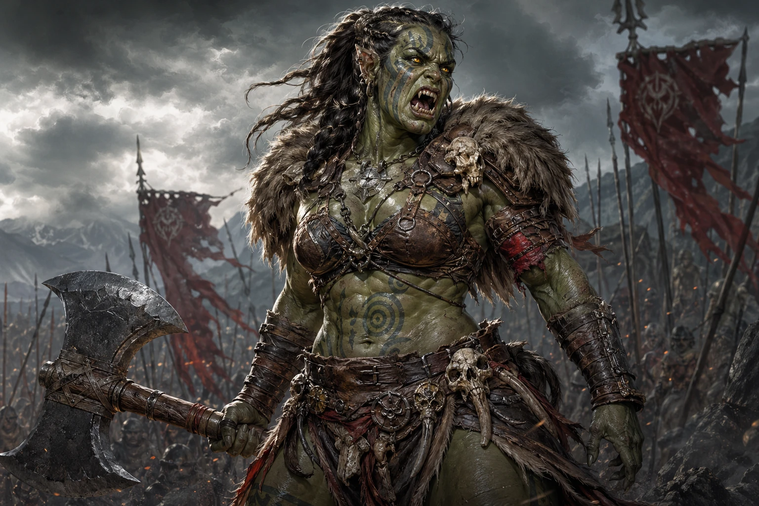 Highly detailed concept art of a fierce female orc barbarian warrior standing in a misty battlefield, muscular green-skinned body adorned with tribal  — GPT Image 2