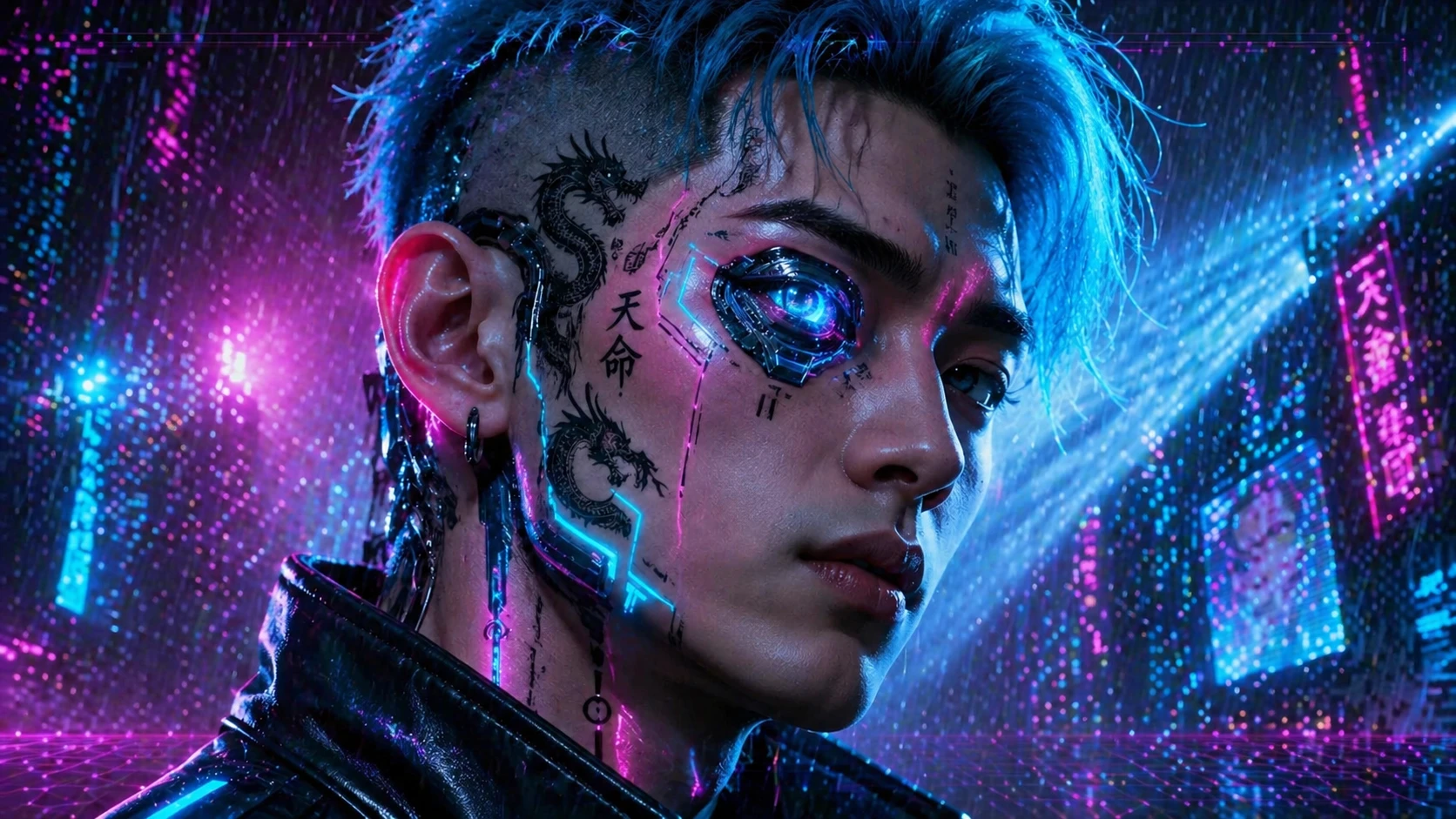 Enhance to full futuristic AI avatar, amplify holographic neon effects in pinks and blues, add rainy cityscape reflection in cyber eye, vaporwave glit — GPT Image 2