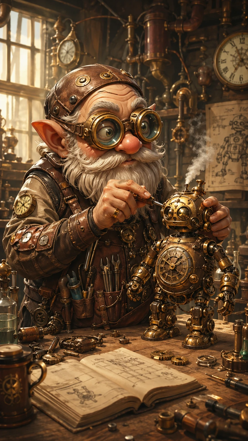 Steampunk inventor gnome in cluttered workshop, short bearded figure with oversized goggles and leather apron covered in tools, tinkering with brass c — GPT Image 2