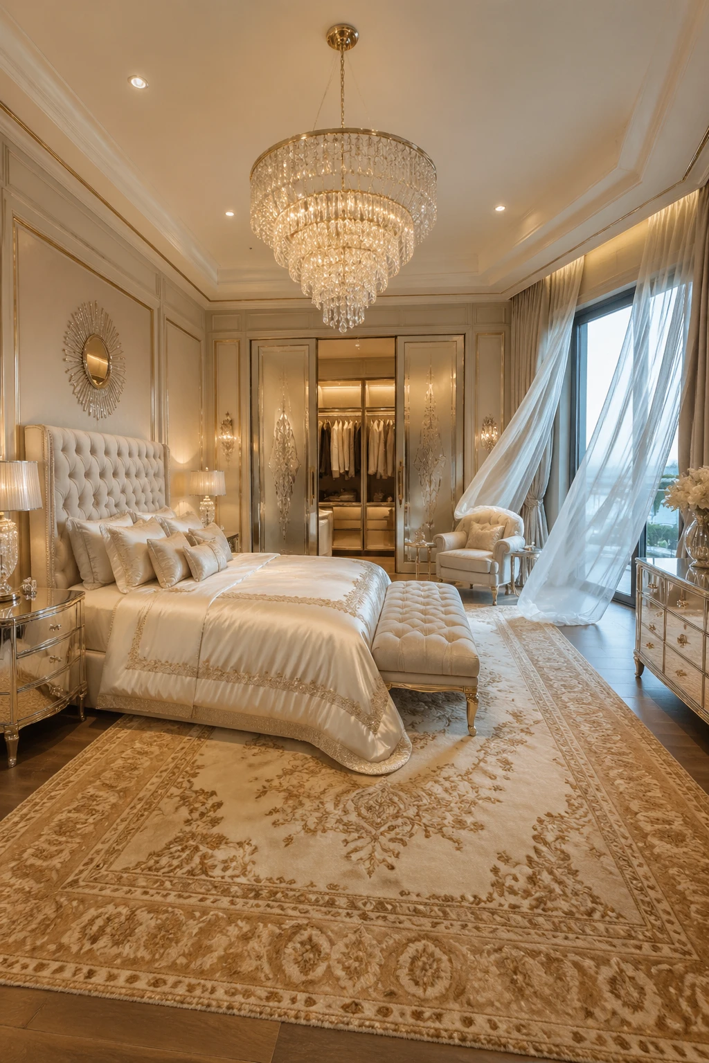 Luxurious master suite with tufted king bed in pearl white linen, crystal-accented nightstands, walk-in closet visible through frosted glass doors, ba — GPT Image 2