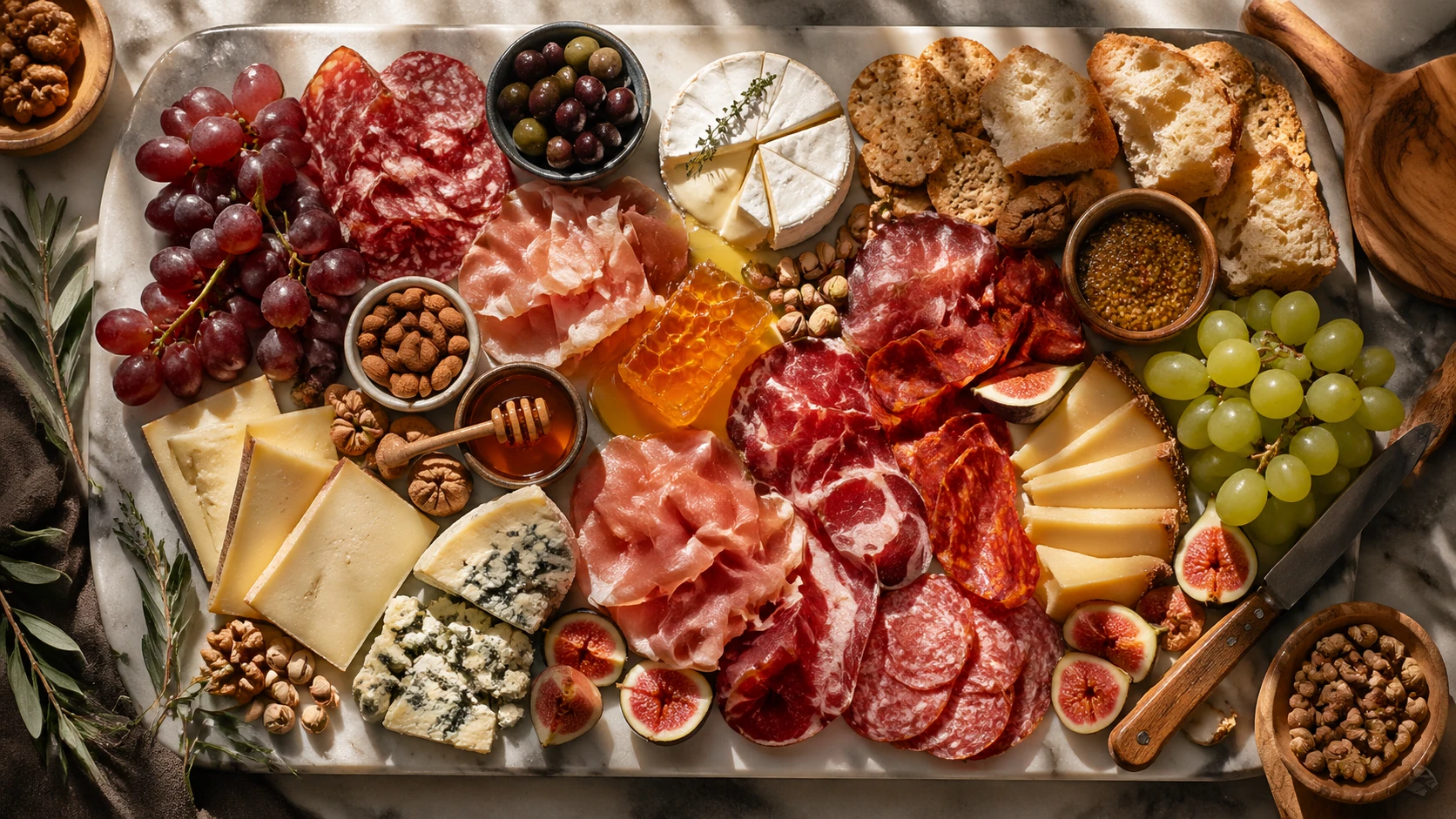 Expansive flat-lay charcuterie board: assortment of cured meats sliced thin, artisanal cheeses with rinds, grapes clusters, figs halved, baguette chun — GPT Image 2