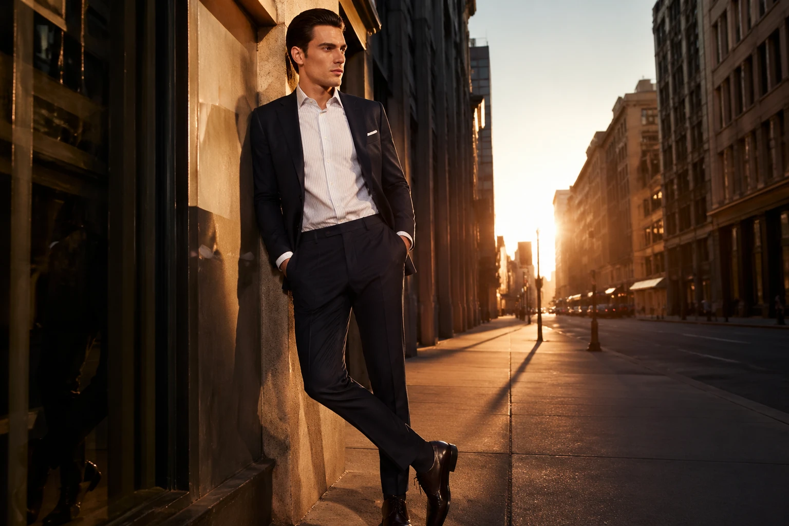 Professional model shot of a stylish man in tailored slim-fit navy wool suit jacket and trousers, crisp white dress shirt with subtle pinstripes, posi — GPT Image 2