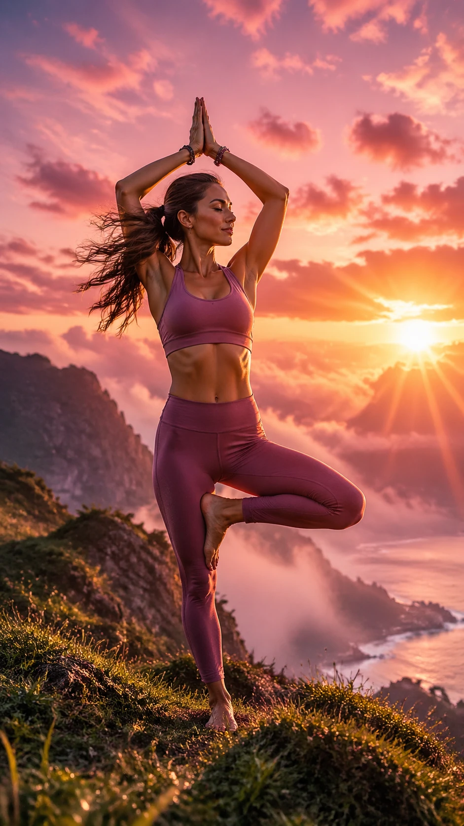 Dynamic TikTok story cover: confident young woman in athletic wear performing a graceful yoga tree pose at sunrise on a misty mountain cliff. Dew-kiss — GPT Image 2