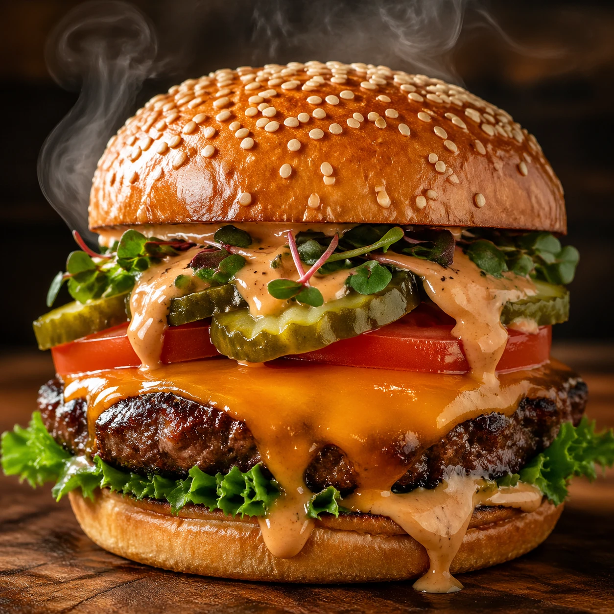 Close-up studio shot of a juicy gourmet burger: sesame seed bun with melted cheddar oozing, layered beef patty charred perfectly, crisp lettuce, tomat — GPT Image 2