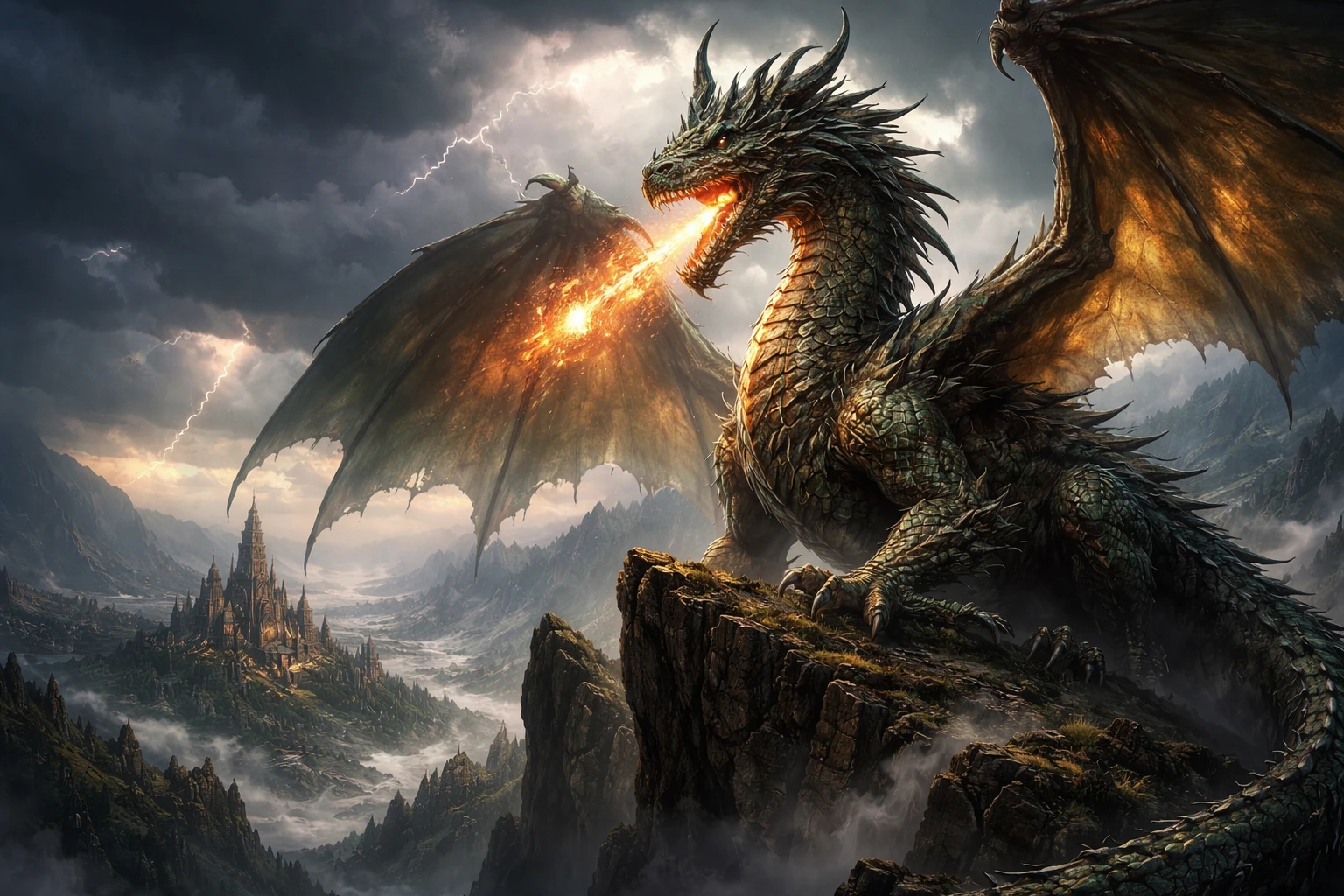 Epic concept art of a colossal ancient dragon perched on jagged cliffs overlooking a stormy fantasy kingdom. Scales shimmering iridescent green and go — GPT Image 2