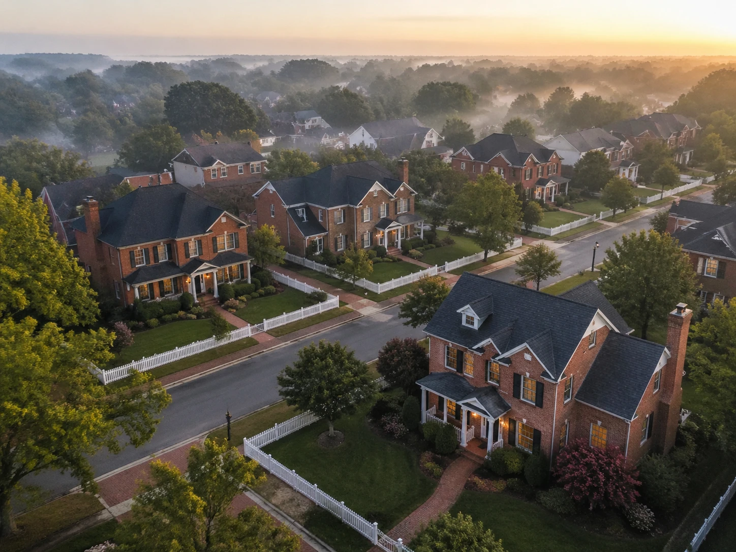 Aerial drone view of a picturesque suburban neighborhood at dawn, rows of charming two-story homes with red brick exteriors, white picket fences, mani — GPT Image 2