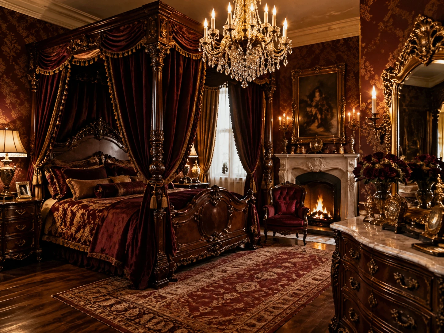 Elegant classic Victorian bedroom with ornate carved mahogany four-poster bed draped in luxurious velvet curtains, crystal chandelier illuminating int — GPT Image 2