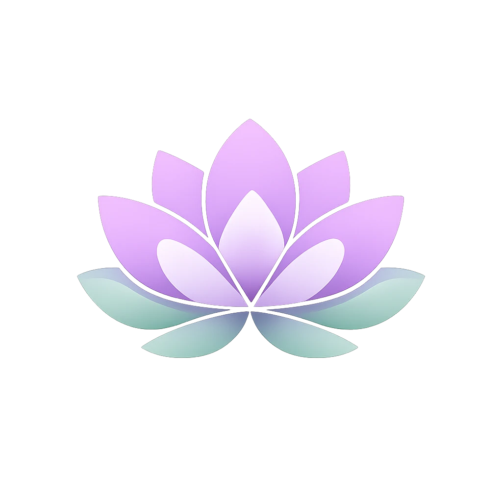 Abstract vector mark for a wellness brand icon, illustrating a lotus flower in bloom with petals unfolding in soft pastel purple and mint green shades — GPT Image 2