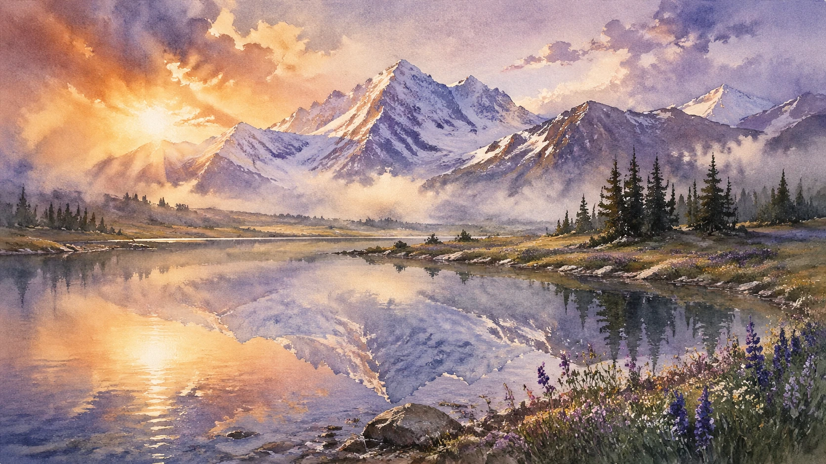 Serene watercolor painting of majestic snow-capped mountains reflecting in a crystal-clear alpine lake at dawn. Misty fog rolls over wildflower meadow — GPT Image 2
