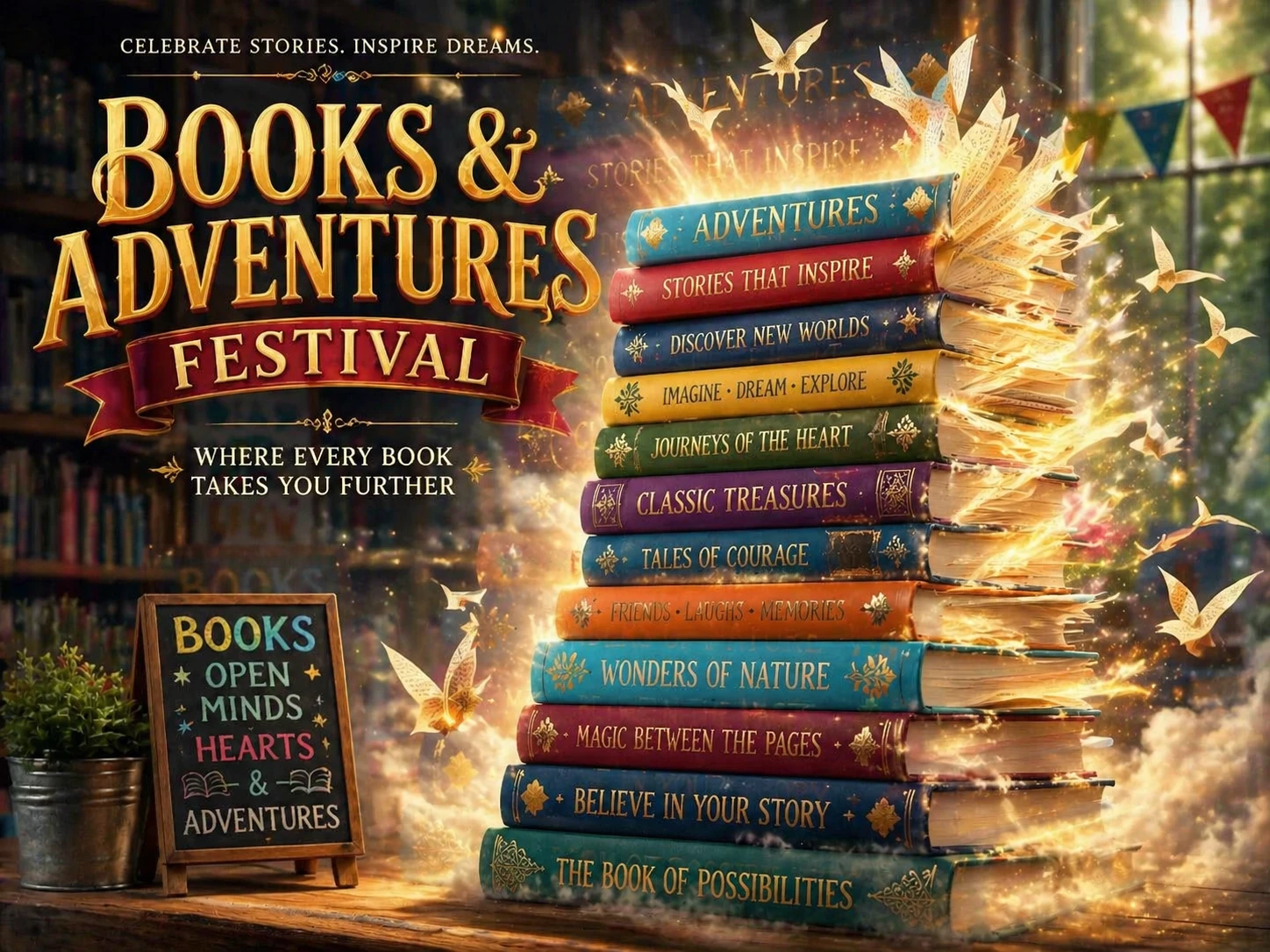 Animate the books to unfurl pages turning into flying paper birds and magical sparks, blend in ethereal fog and golden light rays, shift to a dreamlik — GPT Image 2