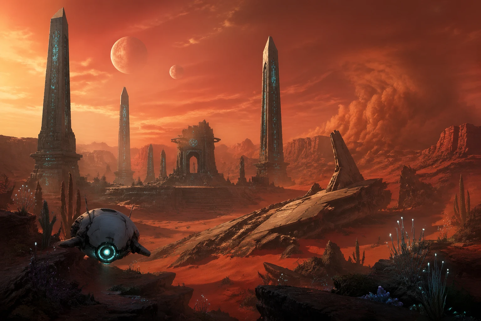Alien sci-fi landscape: ruined futuristic temple on a crimson desert planet under twin moons, towering obelisks with holographic glyphs flickering, cr — GPT Image 2