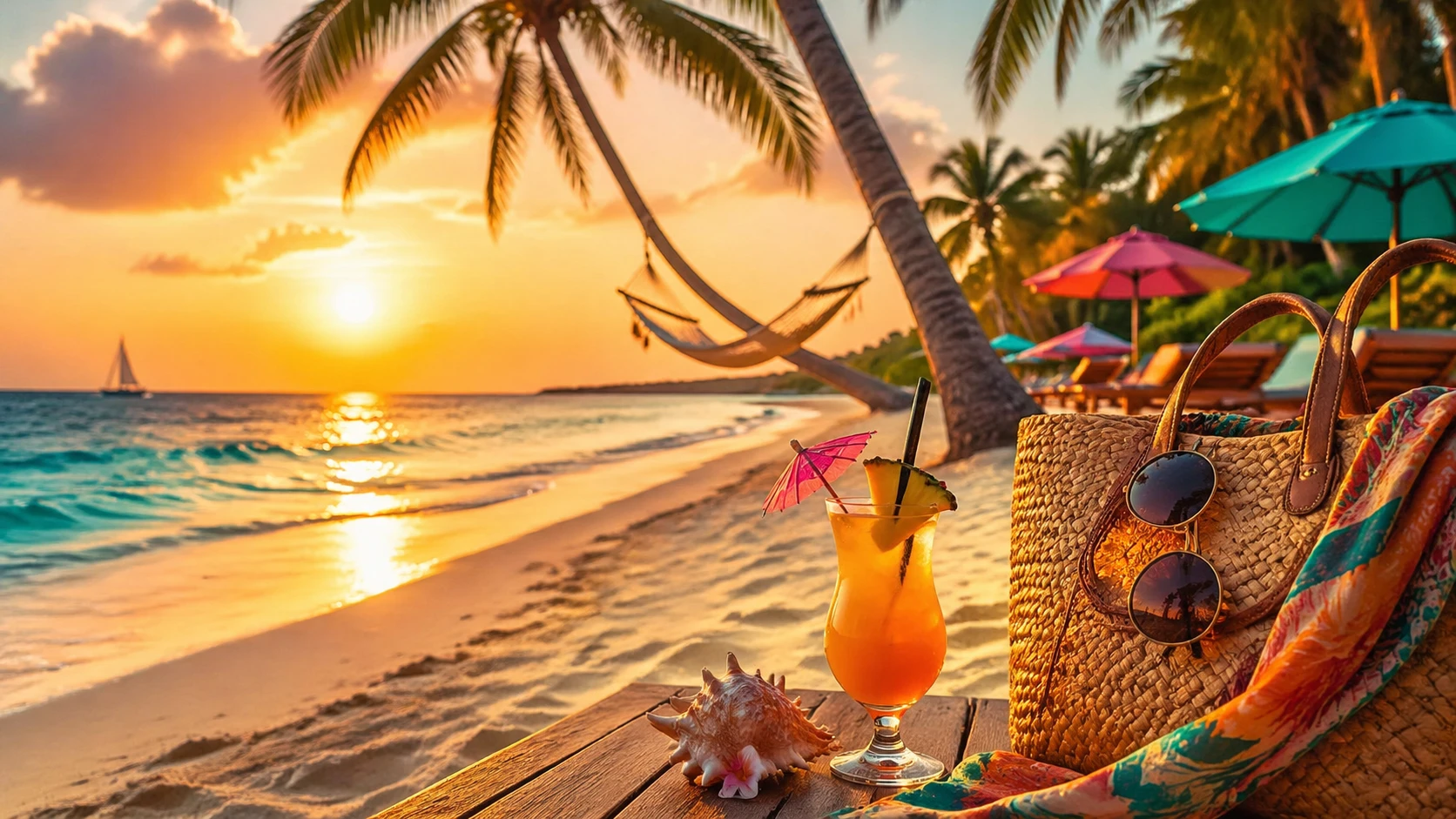 Eye-catching Instagram feed post of a vibrant tropical beach at golden hour: crystal-clear turquoise water lapping at white sandy shores, swaying palm — GPT Image 2