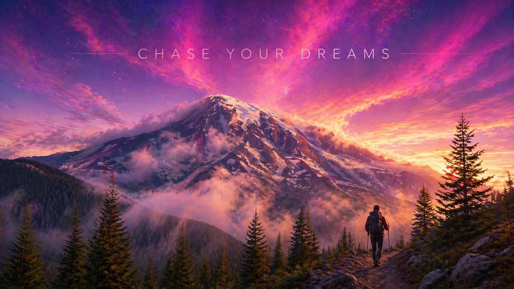 Infuse dramatic misty fog rolling over peaks at dawn, add lone hiker silhouette on trail with backpack, vibrant aurora-like purple-pink sky, epic cine — GPT Image 2