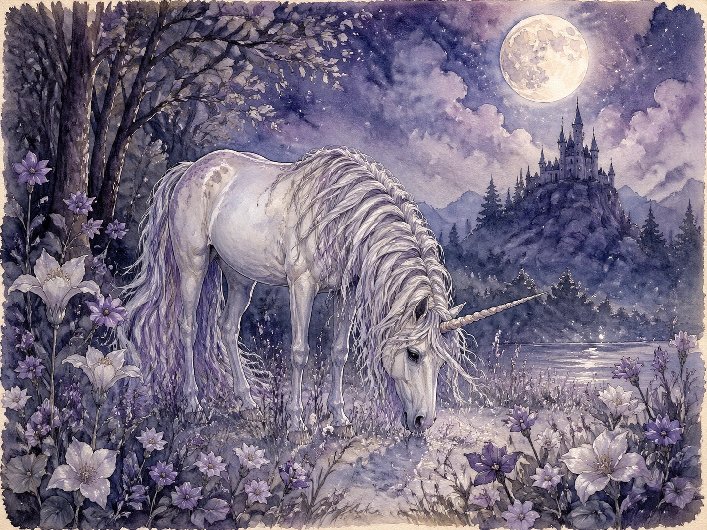 Dreamy fairy tale watercolor of a graceful unicorn grazing in moonlit meadow surrounded by blooming night flowers. Ethereal mane flowing like silk, so — GPT Image 2