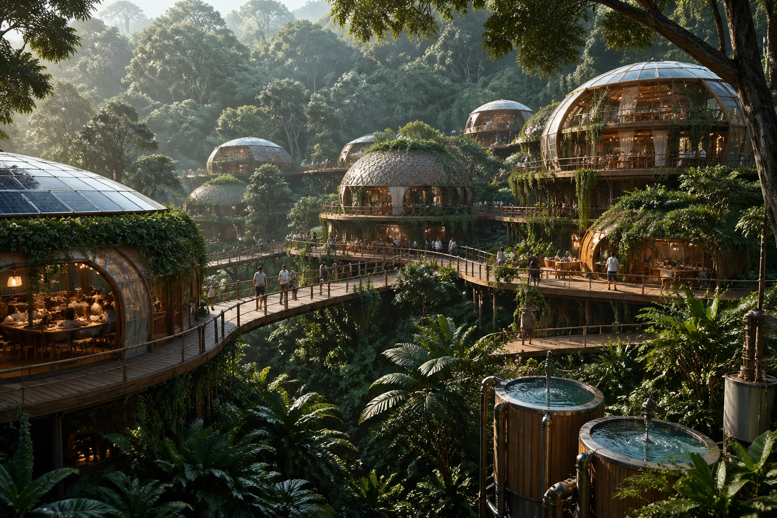 Sustainable eco-village nestled in lush rainforest canopy, interconnected dome structures with living green walls and biophilic designs, solar canopie — GPT Image 2