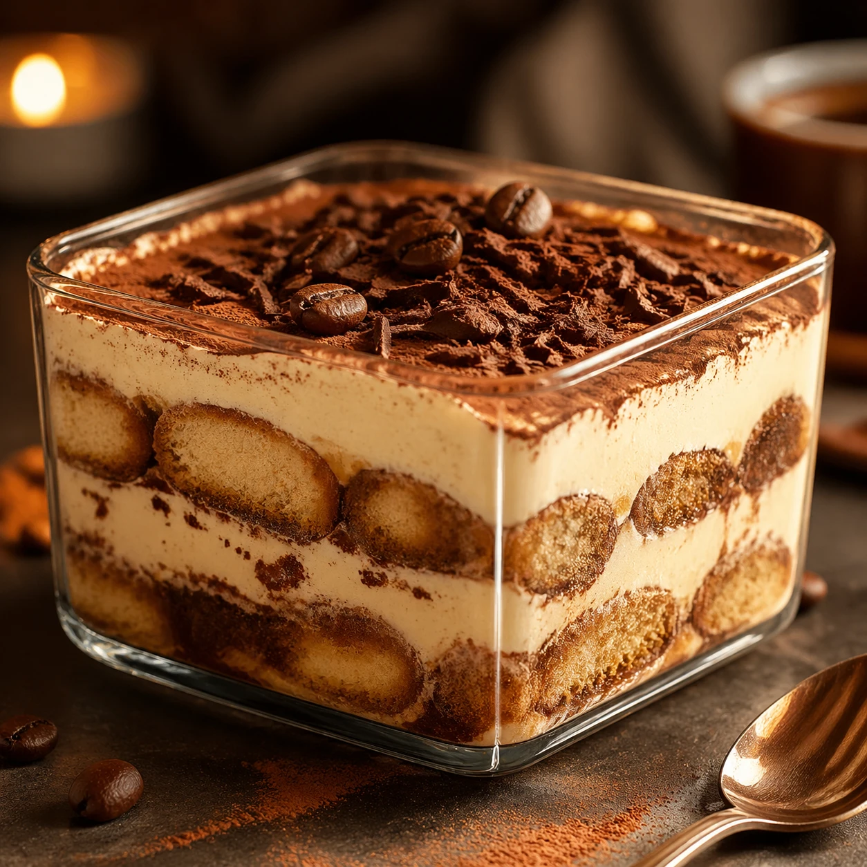 Square frame capturing a creamy tiramisu slice in glass: layers of coffee-soaked ladyfingers, mascarpone mousse dusted with cocoa powder, chocolate sh — GPT Image 2