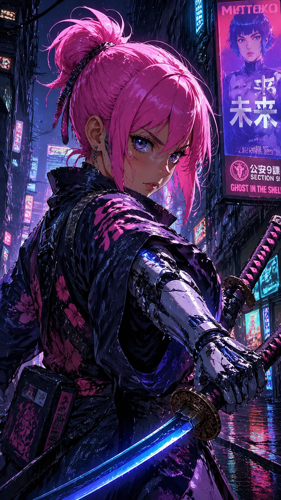 Vibrant anime-style portrait of a fierce cyberpunk samurai girl with neon pink hair, intricate cybernetic arm glowing blue, standing in rainy futurist — GPT Image 2