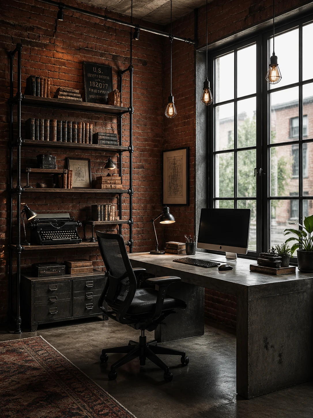 Industrial-style home office with exposed brick walls, black metal pipe shelving holding leather-bound books and vintage typewriter, raw concrete desk — GPT Image 2