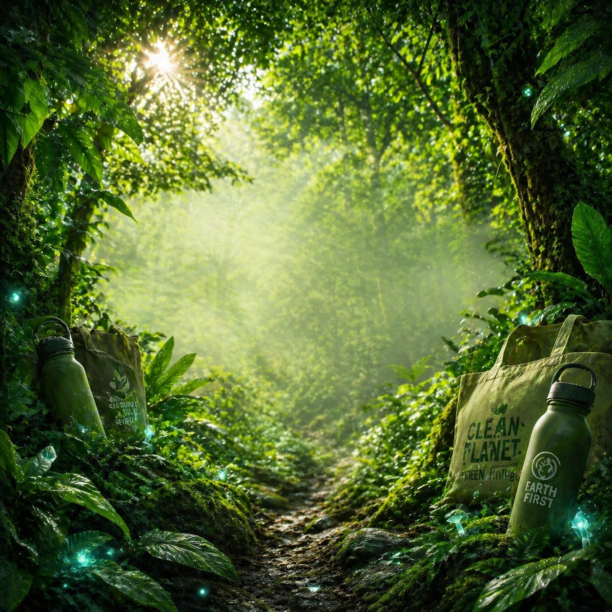 Integrate subtle silhouettes of reusable water bottles and eco-bags emerging from the foliage, enhance with dew drops sparkling on leaves and soft bio — GPT Image 2