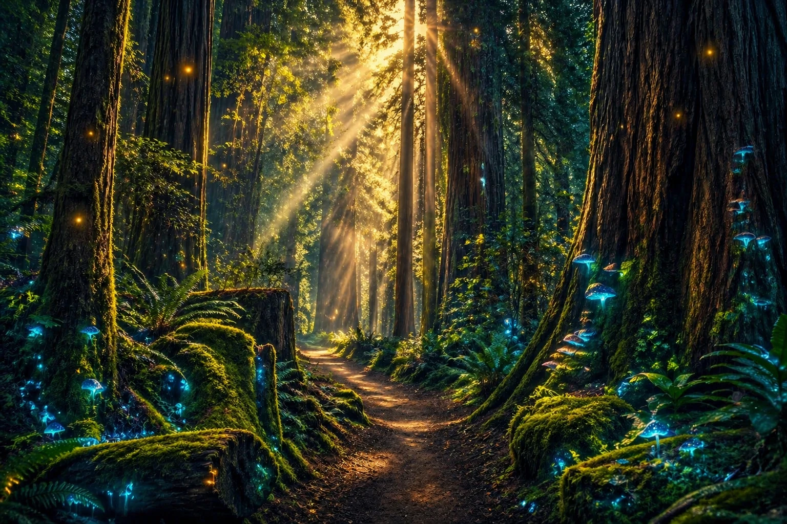 Add bioluminescent fungi and fireflies glowing softly at twilight, enhance god rays with ethereal light shafts, introduce subtle fantasy elements like — GPT Image 2