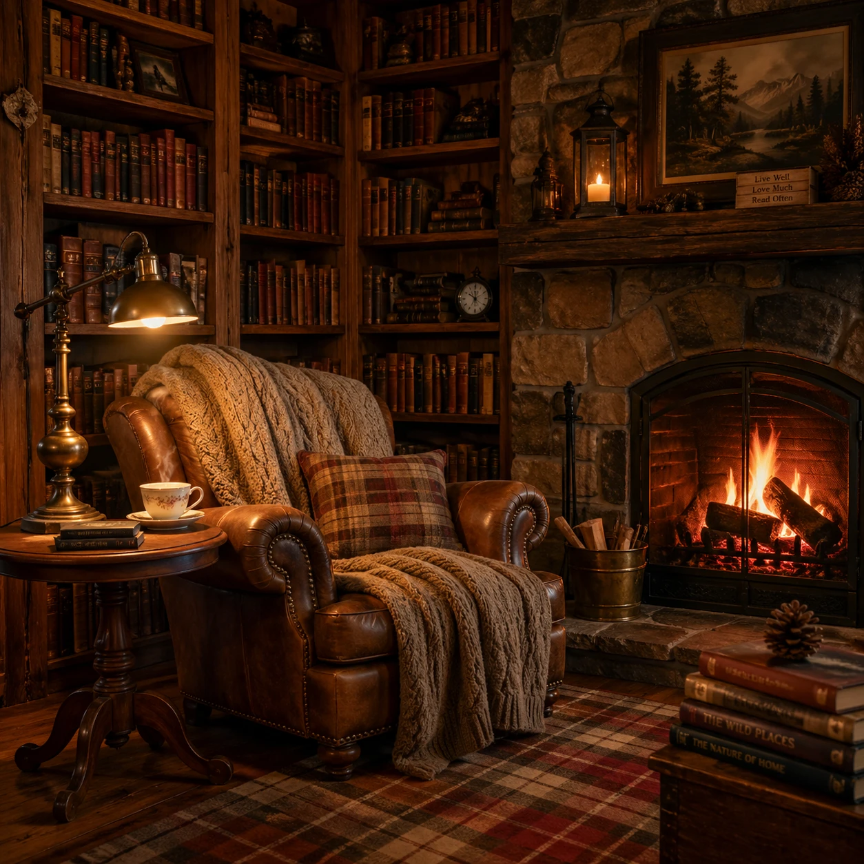 Cozy reading nook in a cabin-style library corner, overstuffed armchair with knitted throw blanket, side table with brass lamp and steaming teacup, fl — GPT Image 2