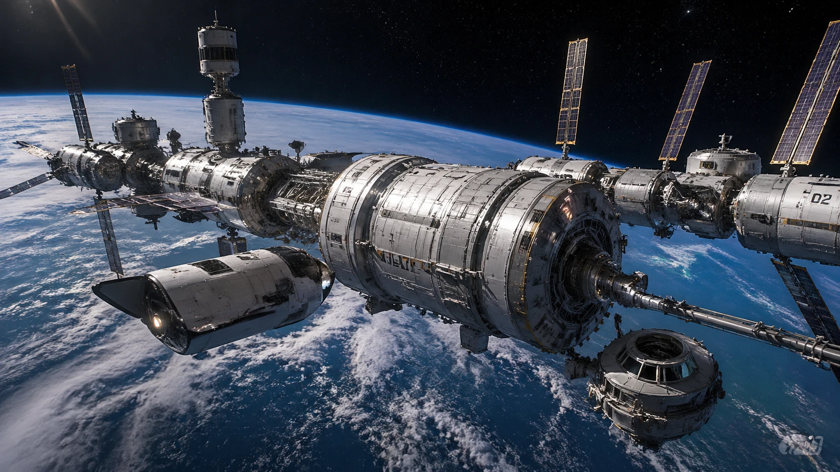 Sci-fi orbital space station habitat module exterior in low Earth orbit, modular cylindrical structures with solar array wings and docking ports, Eart — GPT Image 2