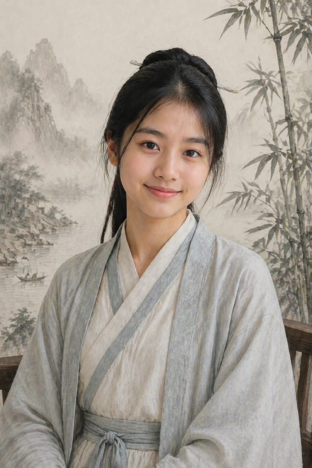 dress this person in refined Song dynasty Hanfu, elegant and understated scholar or literati style clothing, soft ink-wash painting inspired backgroun — GPT Image 2