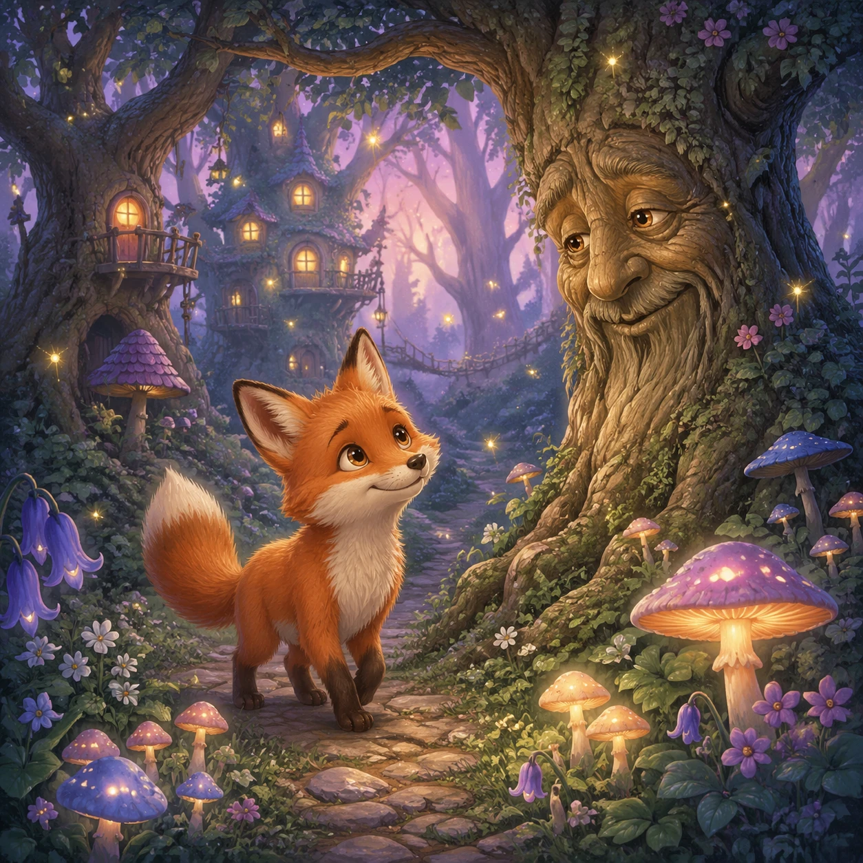 Whimsical children's book illustration of a curious red fox exploring an enchanted forest glade at twilight. Glowing mushrooms illuminate the path, an — GPT Image 2