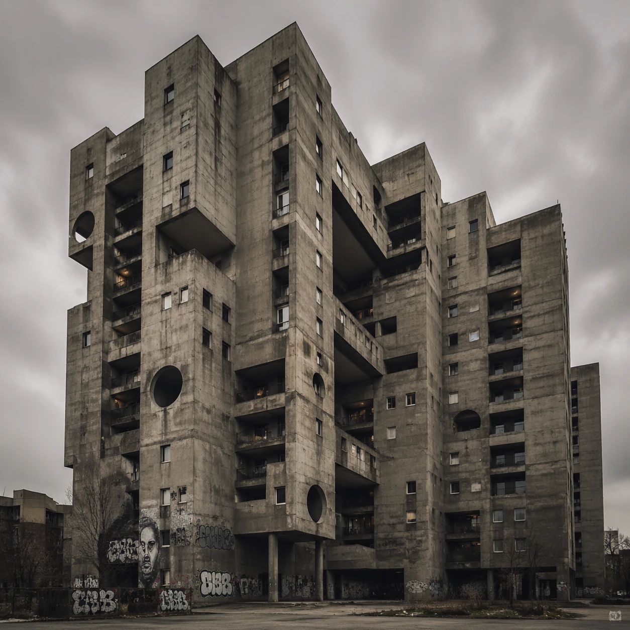 Imposing brutalist concrete apartment complex under overcast skies, raw textured panels with geometric cutouts and recessed balconies, urban industria — GPT Image 2