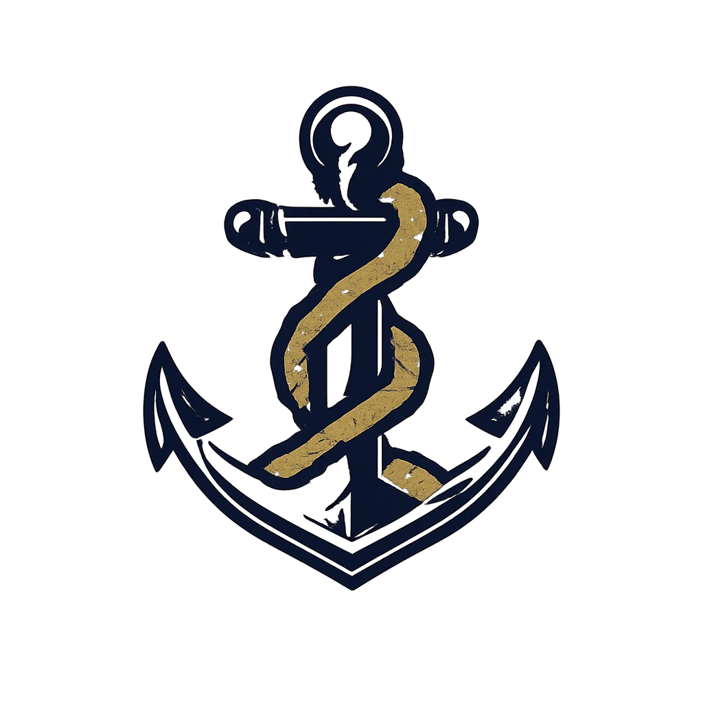 Flat design emblem for a nautical brand logo, depicting a classic anchor with rope coiled around the shank in navy blue and antique gold colors. Simpl — GPT Image 2