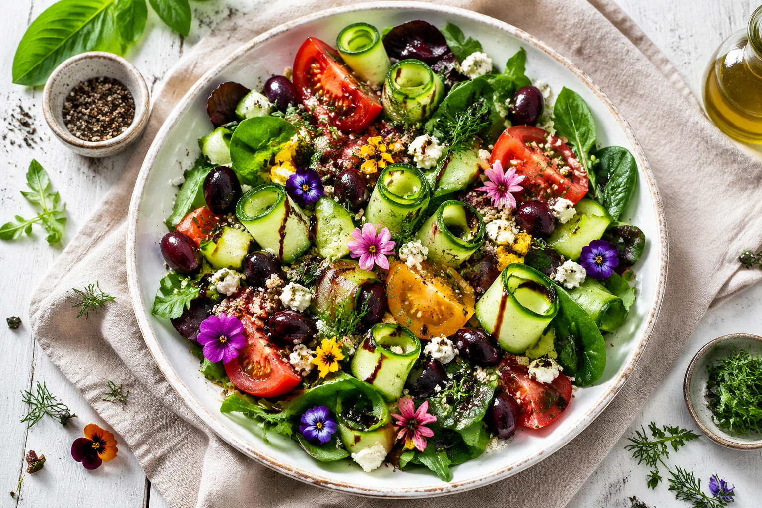 Landscape orientation of a fresh summer salad bowl: mixed greens with heirloom tomatoes bursting juice, cucumber ribbons, feta crumbles, olives, quino — GPT Image 2