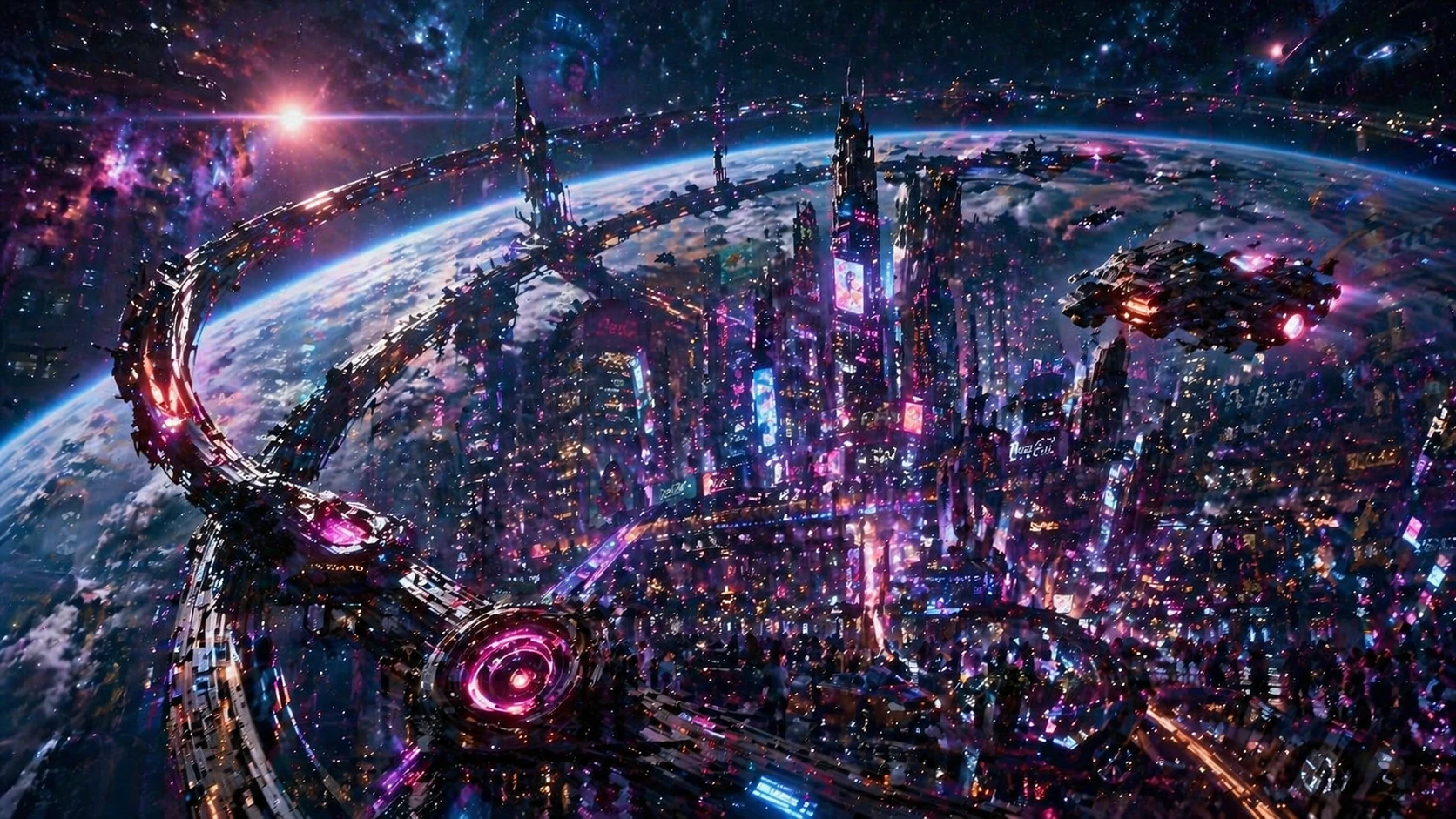 Transform into a sci-fi orbital view from above, add massive ring structures around the planet, enhance neon glows with lens flares and bloom effects, — GPT Image 2