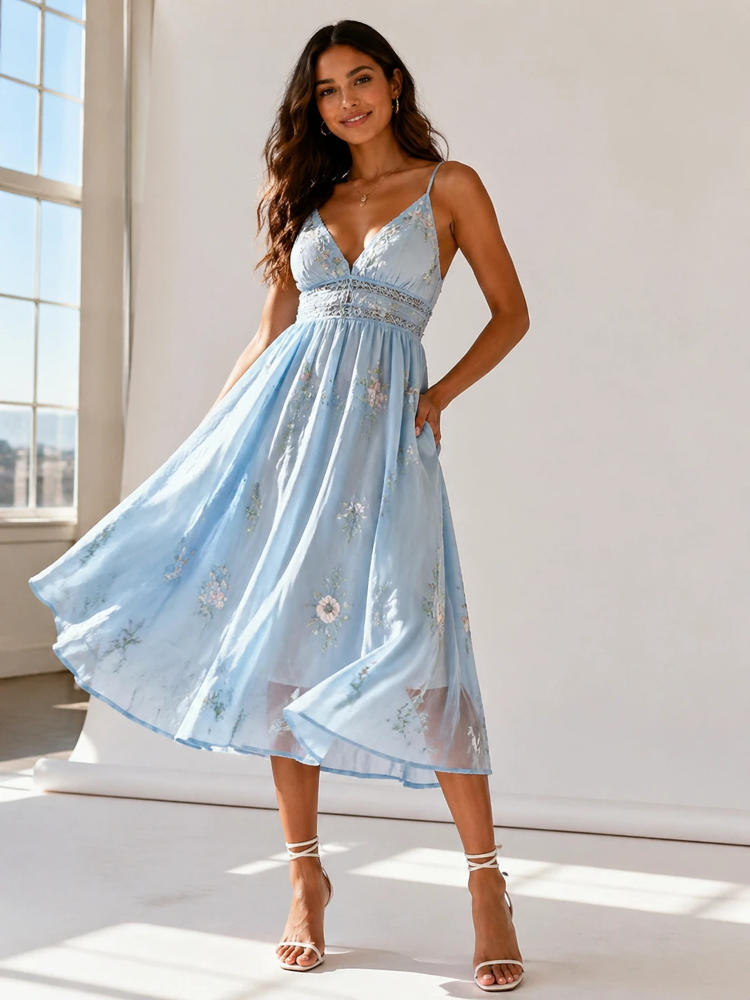 Photorealistic full-body shot of a confident young woman trying on a flowing midi sundress in pastel blue, lightweight chiffon fabric with delicate fl — GPT Image 2