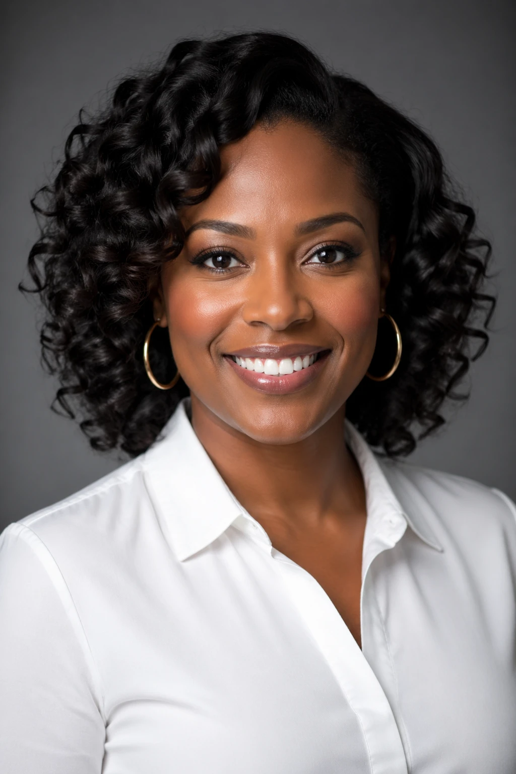 A professional headshot of a confident 35-year-old African American woman with smooth dark skin, shoulder-length curly hair styled elegantly, wearing  — GPT Image 2