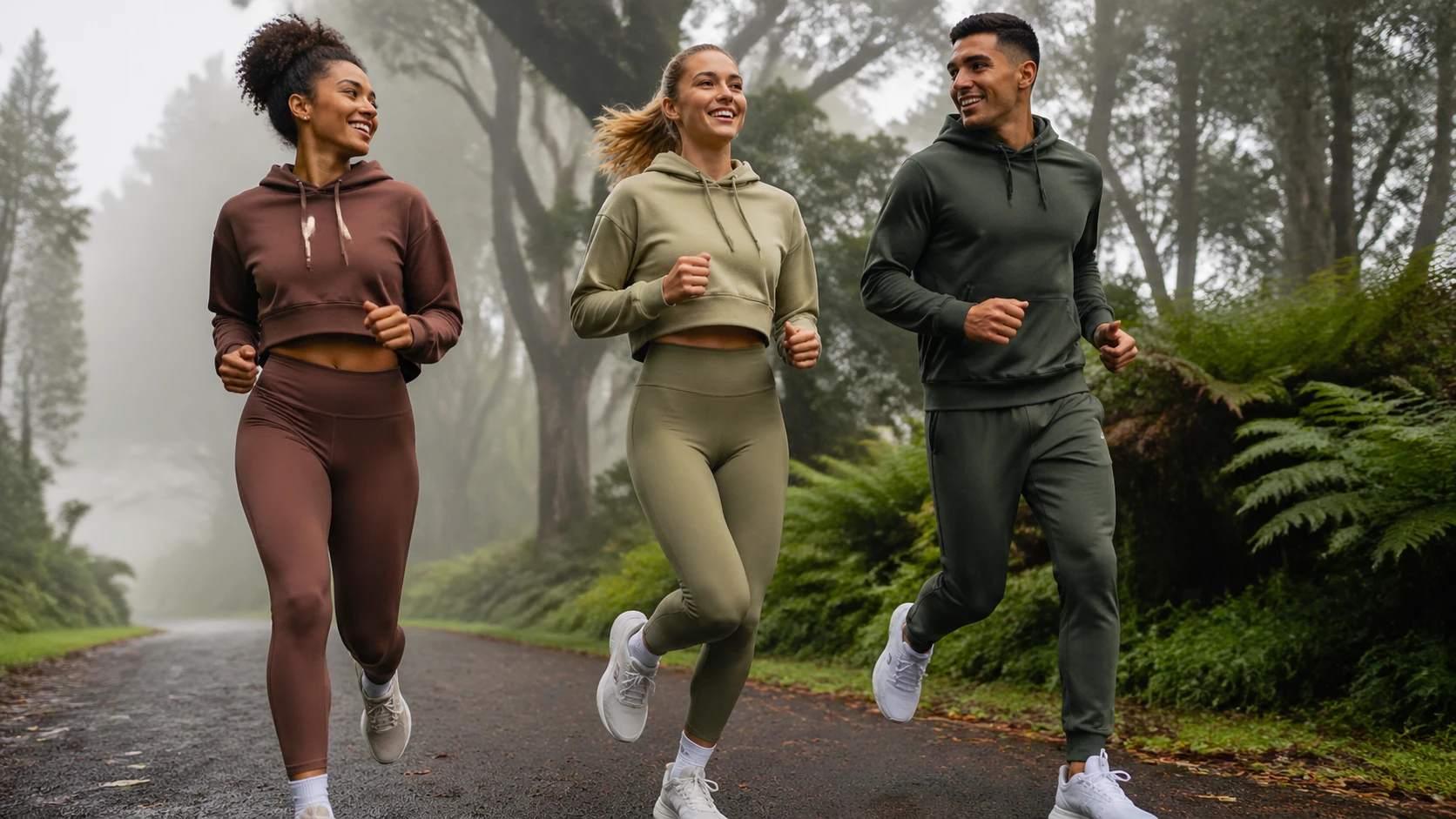 Fashion lookbook image of a diverse group of three models in coordinated athleisure outfits: cropped hoodie, high-waisted leggings, and sneakers in ea — GPT Image 2