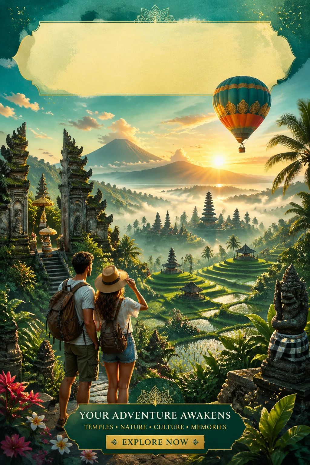 Exotic adventure travel poster depicting a hot air balloon floating over misty ancient temples in Bali at sunrise, lush green rice terraces, dew-kisse — GPT Image 2
