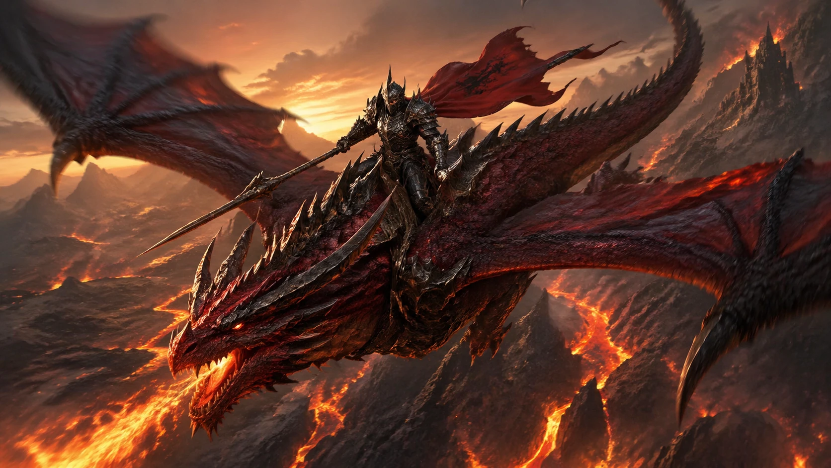 Majestic dragon rider character design: armored human knight astride a massive red-scaled wyvern soaring over volcanic mountains at dusk, winged beast — GPT Image 2
